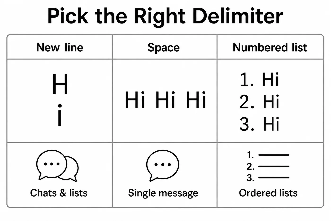 Infographic comparing text repeater delimiter types: new line stacks copies, space joins them in one line, and numbered list formats ordered copies